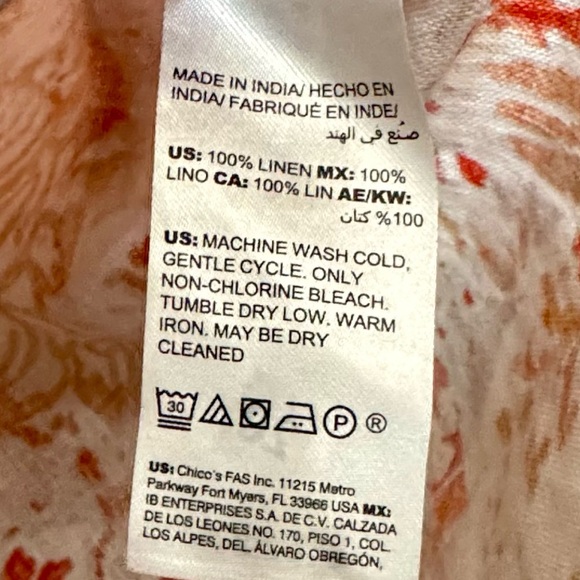 Chico’s 100% Linen Button Down Front Split 3/4 Sleeve Collared Orange Print Top - Picture 14 of 15